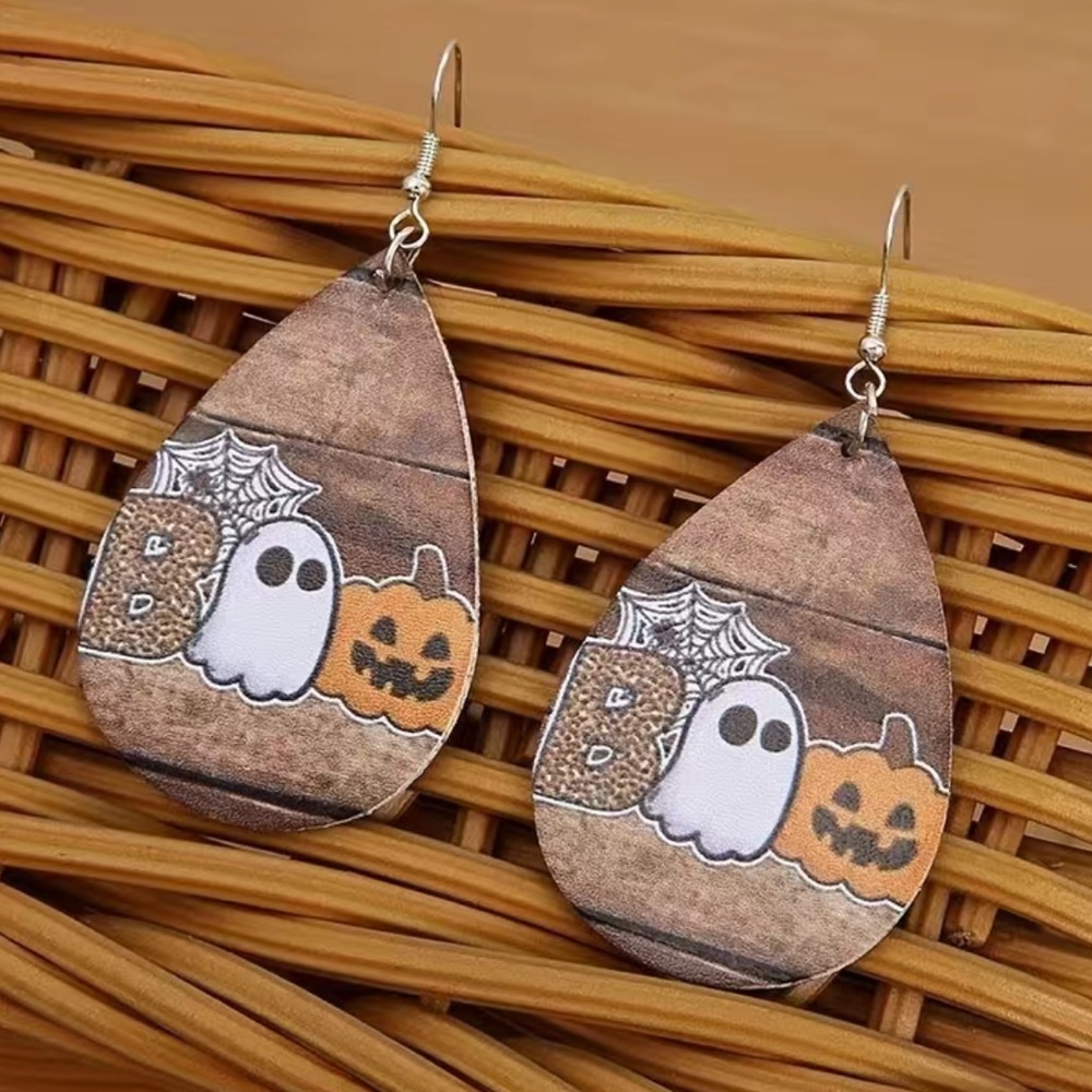 New in Packaging Ghost with Pumpkins Fall/Halloween Faux Leather Earrings “Boo”